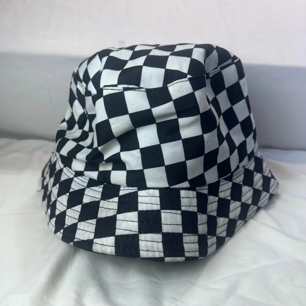 Unisex Black and White Checkered Bucket Hat Canvas Streetwear Festival Sun Cap